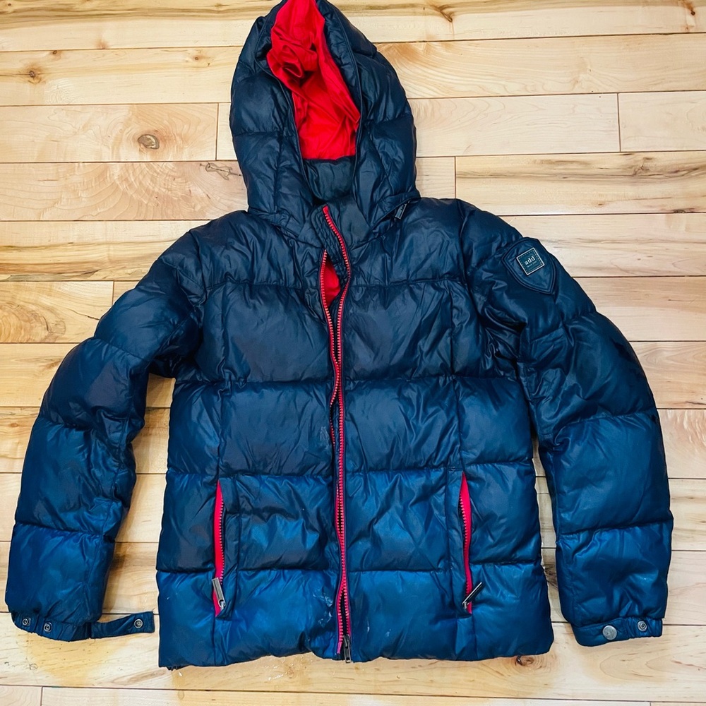 Navy Blue Puffer Jacket with Red Accents